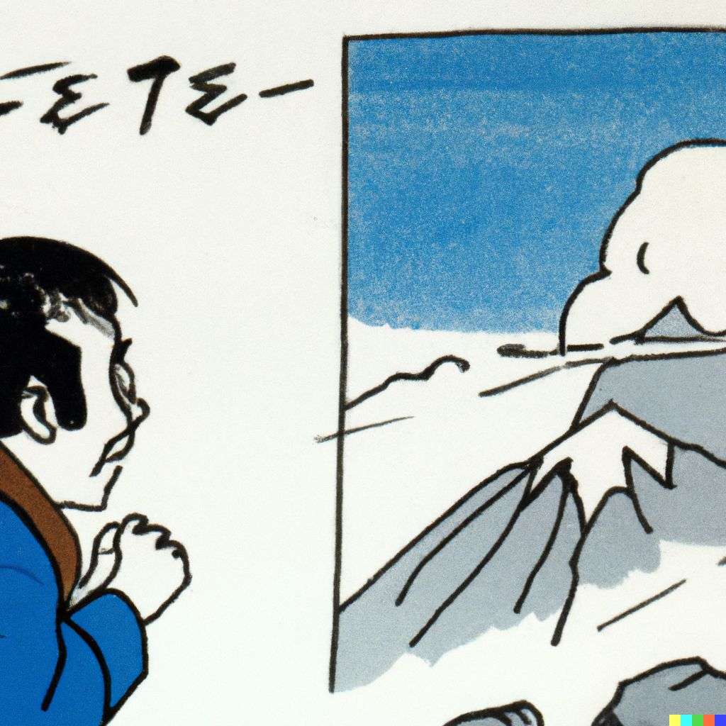 someone gazing at Mount Everest, cartoon by Osamu Tezuka